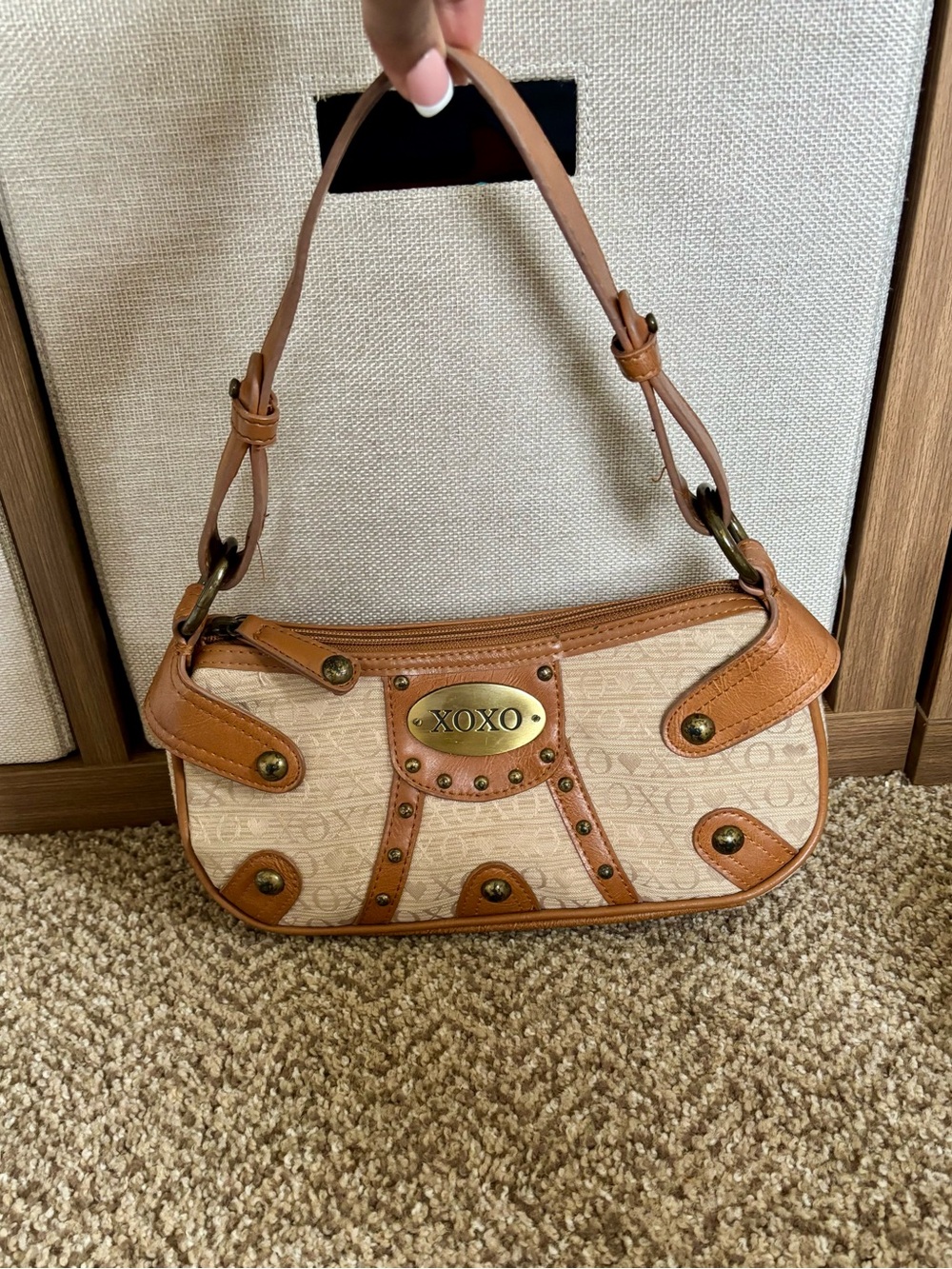 Y2K Vintage XOXO Tan Canvas Shoulder Bag Faux Leather
